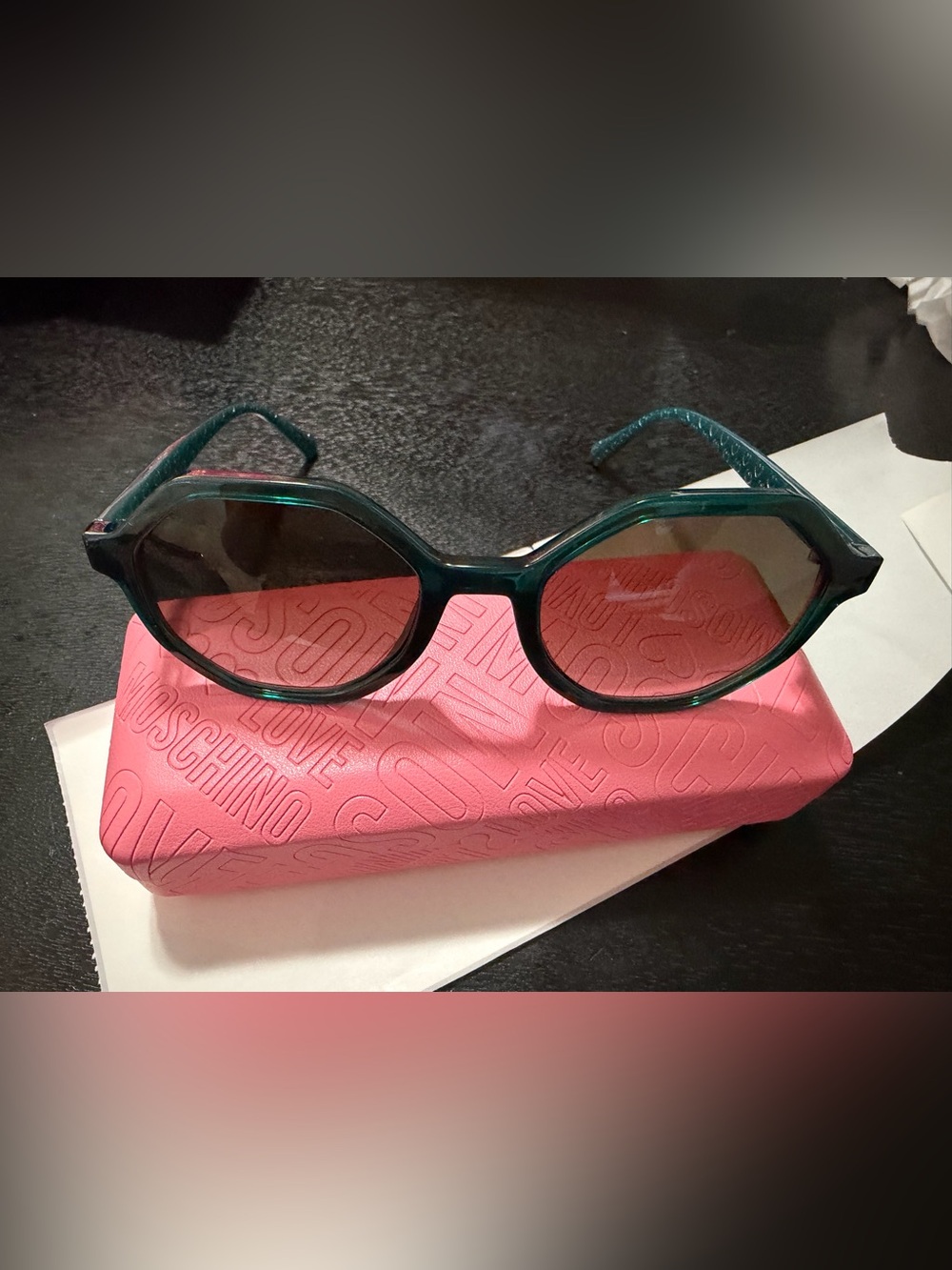 Moschino Green Cat-Eye Sunglasses with Pink Case